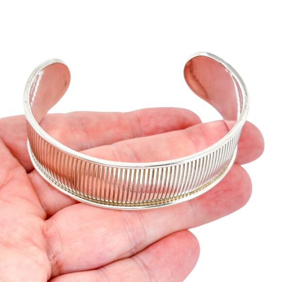 Vintage Sterling Silver 925 Ribbed Cuff Bracelet 7.25" - Picture 1 of 9